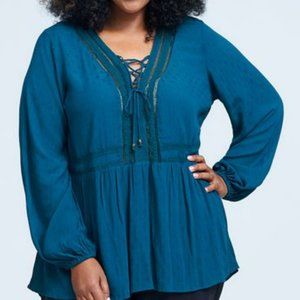 Seven7 Deep Teal Semisheer-Accent Lace-Up Long-Sleeve Top - Size 3X - NWT
